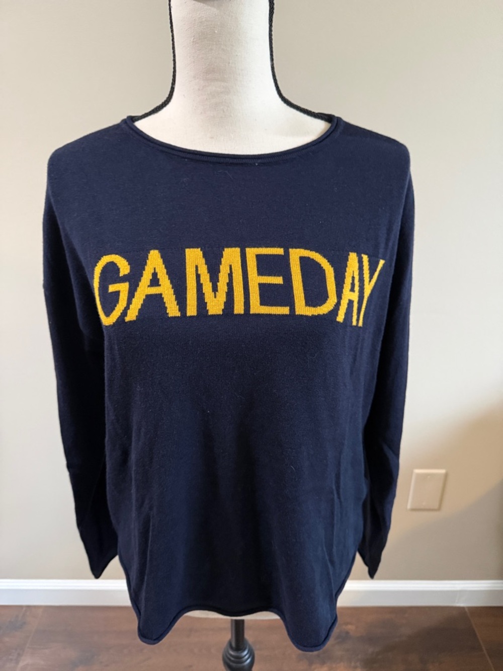 Rachel Zoe Navy Scoop Neck Sweater with Gold GAMEDAY Text Size XL